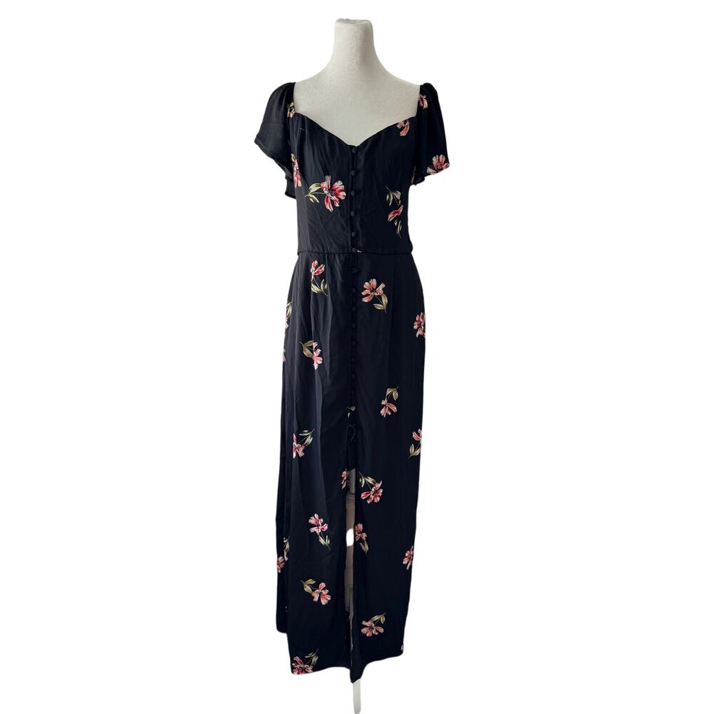 Charlotte Russe Black Floral Print Button Front Short Sleeve Maxi Dress